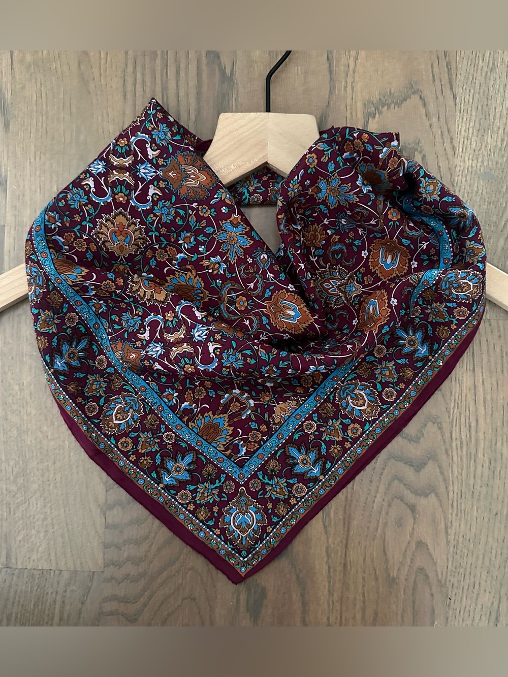 Vintage Floral Paisley 100% Silk Scarf in Maroon Multicolor 21.5" x 20.75"